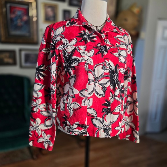 Vintage 90s Brooke Coleman Red Floral Button Front Long Sleeve Hawaiian Jacket - Picture 3 of 8